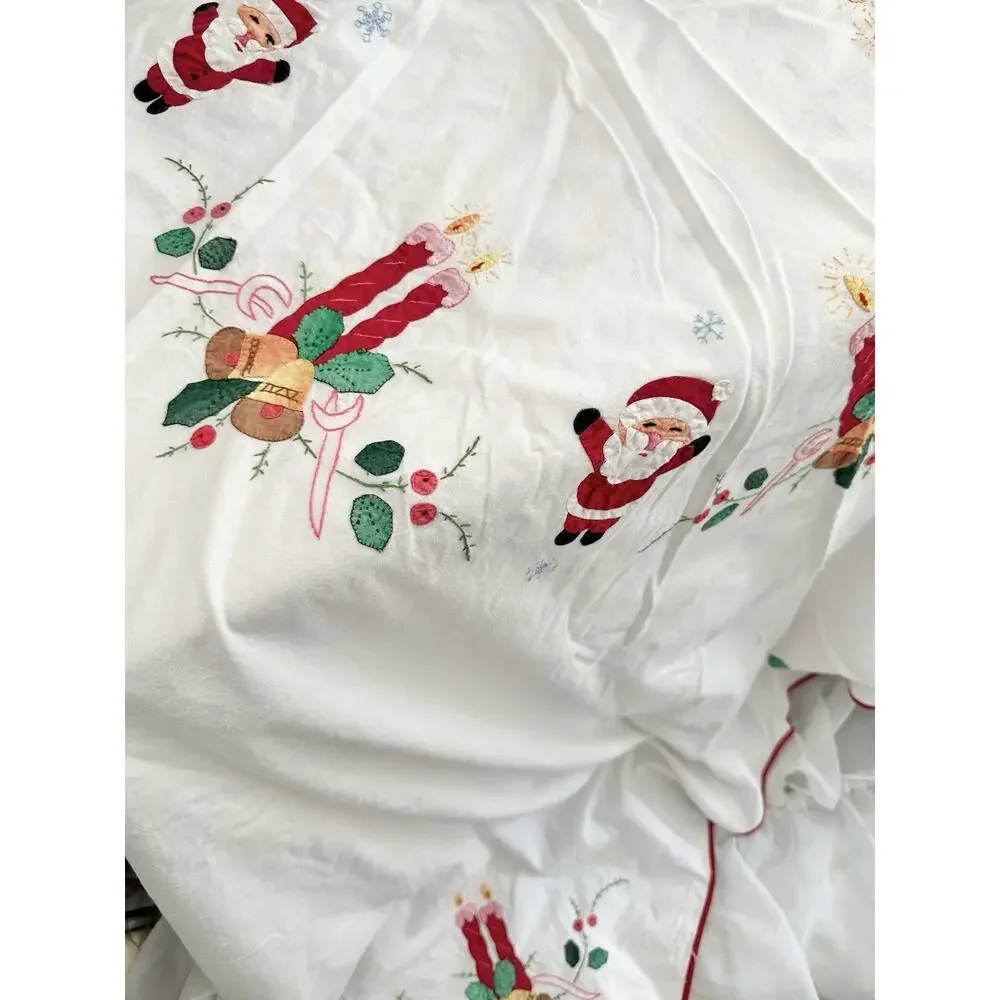 Vtg 50s White Hand Embroidered Christmas Appliqué Tablecloth Santa Rectangular